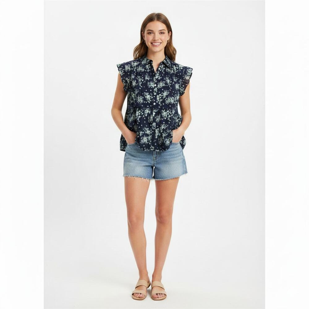 POL Blue Floral Collared Blouse